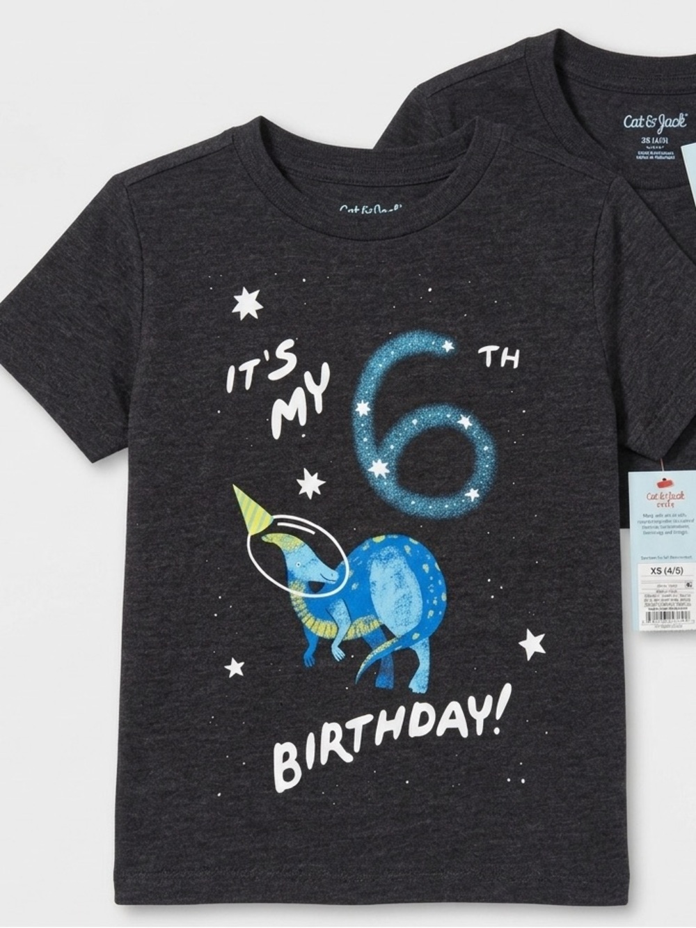 NEW 🎉 with Tags - Kids' 6th Birthday Dinosaur Graphic Tee - Charcoal